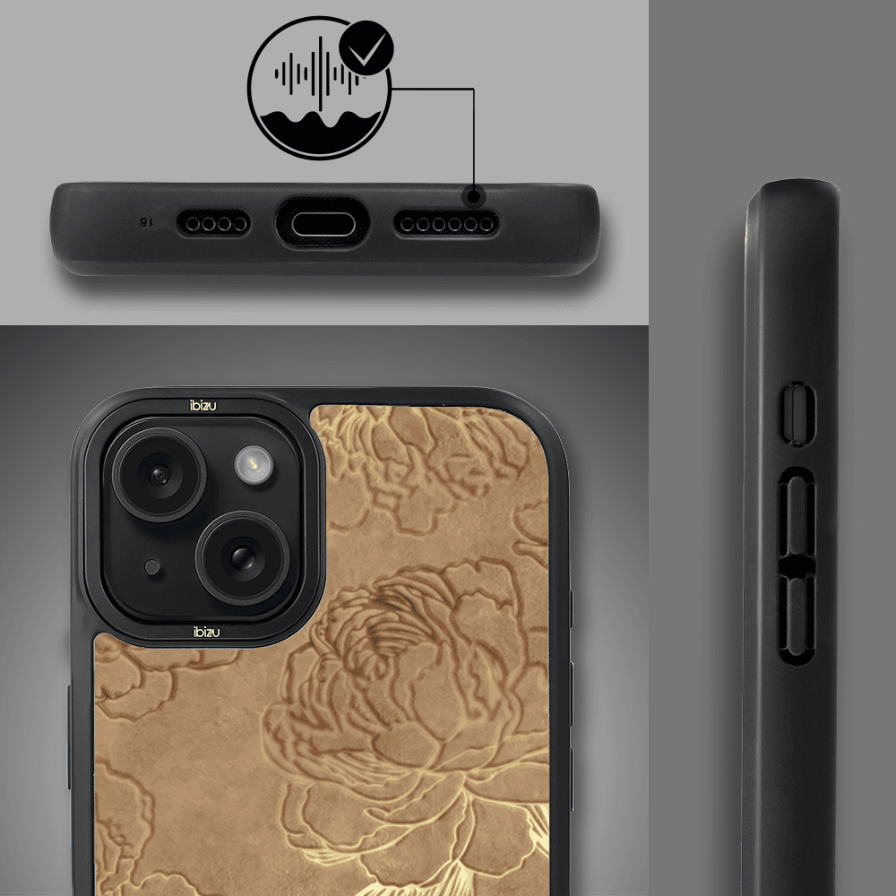 Etui do iPhone 15 IBIZU DropGuard Matt z MagSafe, Relief Garden, Złote piwonie (3)