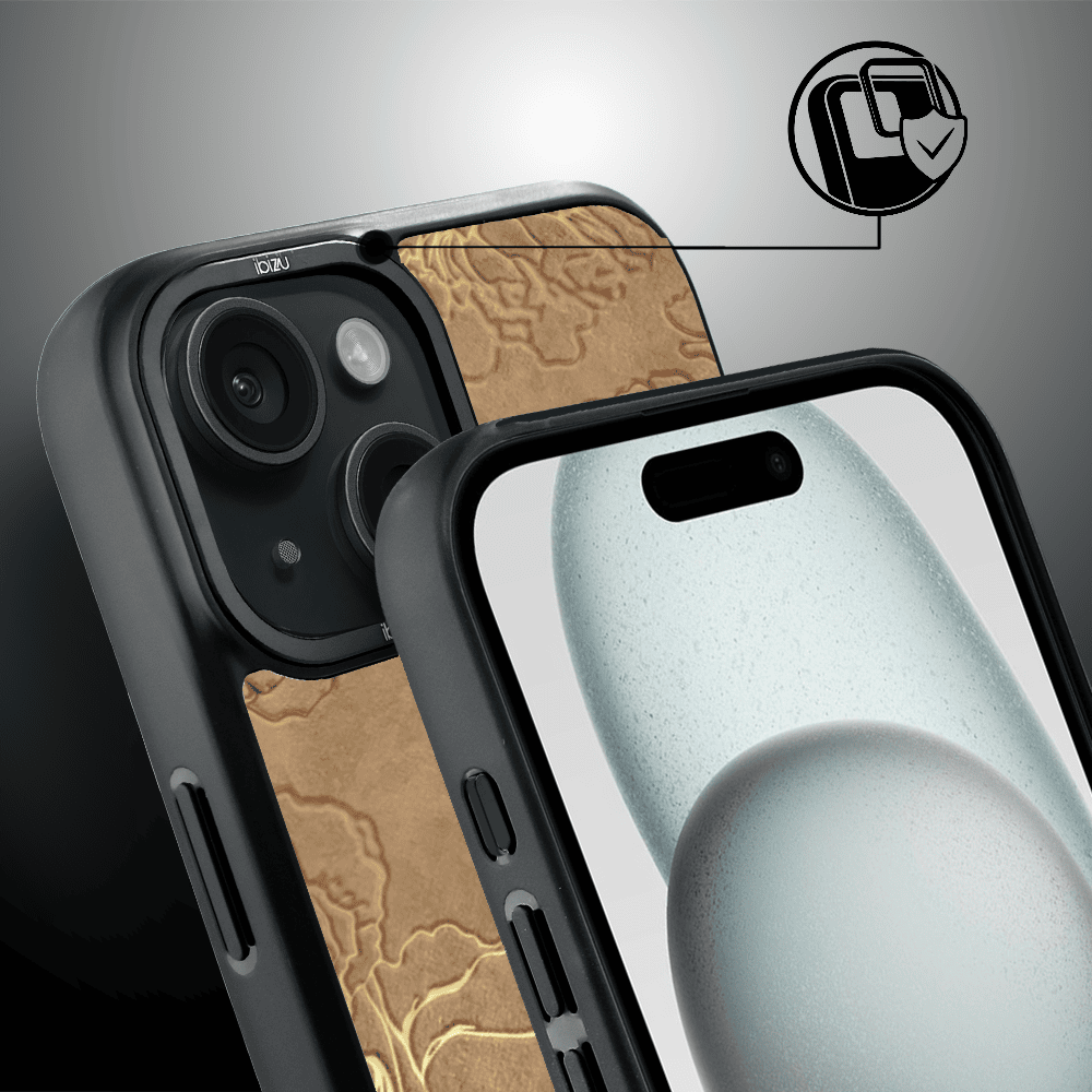 Etui do iPhone 15 IBIZU DropGuard Matt z MagSafe, Relief Garden, Złote piwonie (4)