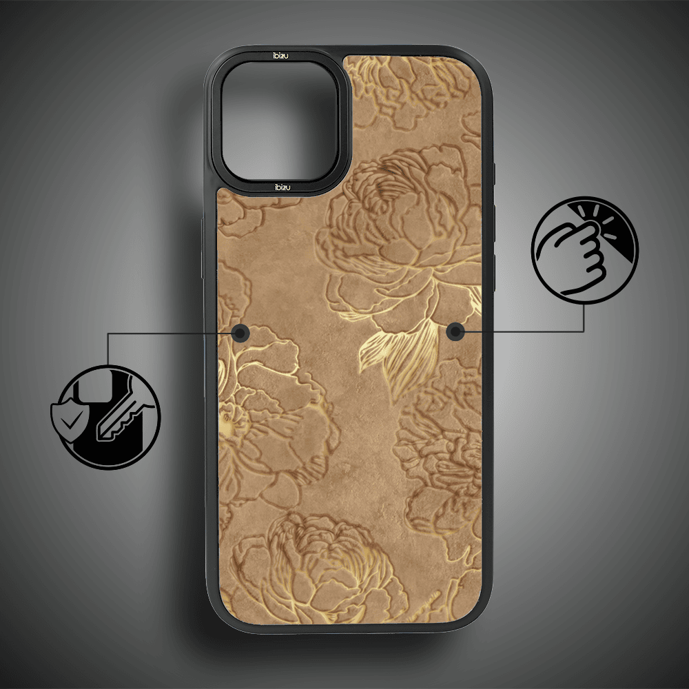 Etui do iPhone 15 IBIZU DropGuard Matt z MagSafe, Relief Garden, Złote piwonie (8)