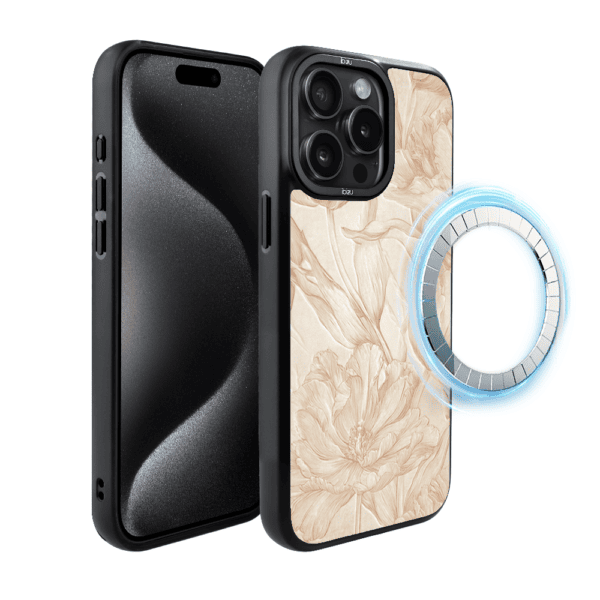Etui do iPhone 15 Pro IBIZU DropGuard Matt z MagSafe, Relief Garden, Botaniczny biskwit (2)