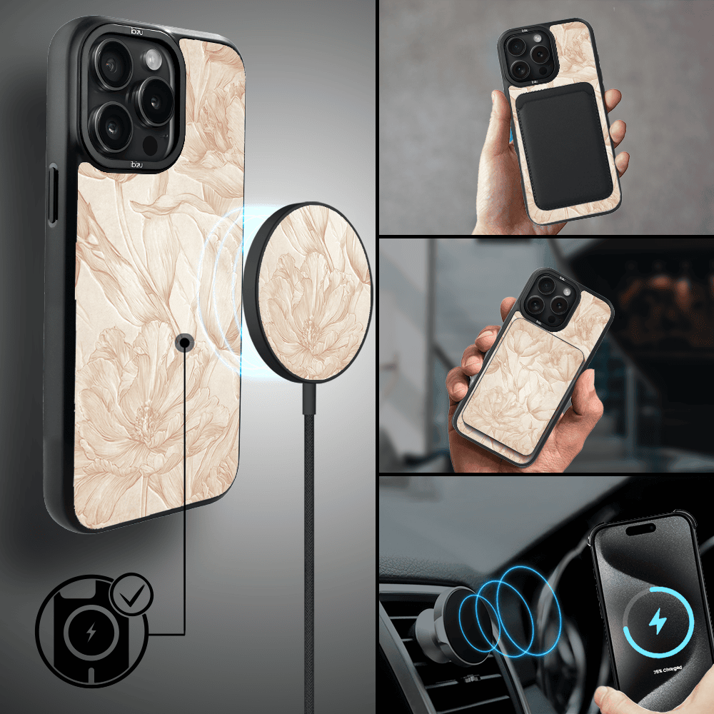 Etui do iPhone 15 Pro IBIZU DropGuard Matt z MagSafe, Relief Garden, Botaniczny biskwit (7)
