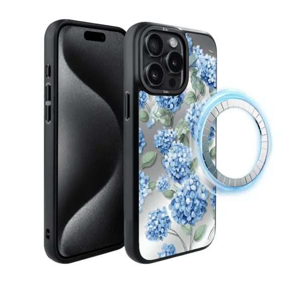 Etui do iPhone 15 Pro IBIZU DropGuard Matt z MagSafe, Relief Garden, Szafirowa Hortensja (8)