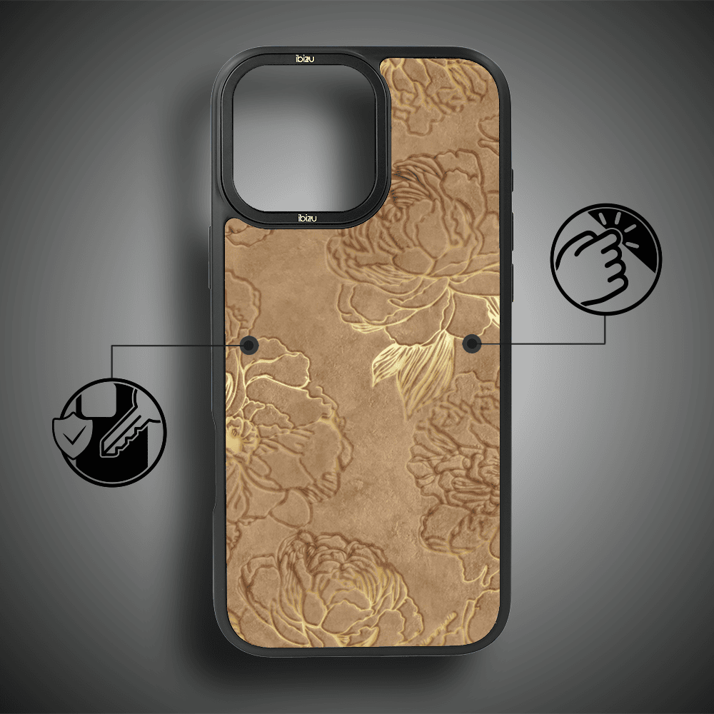 Etui do iPhone 15 Pro IBIZU DropGuard Matt z MagSafe, Relief Garden, Złote piwonie (3)