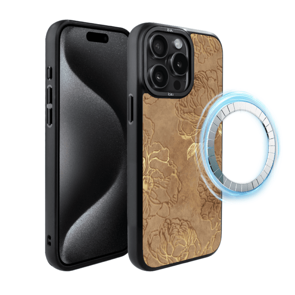 Etui do iPhone 15 Pro IBIZU DropGuard Matt z MagSafe, Relief Garden, Złote piwonie (4)