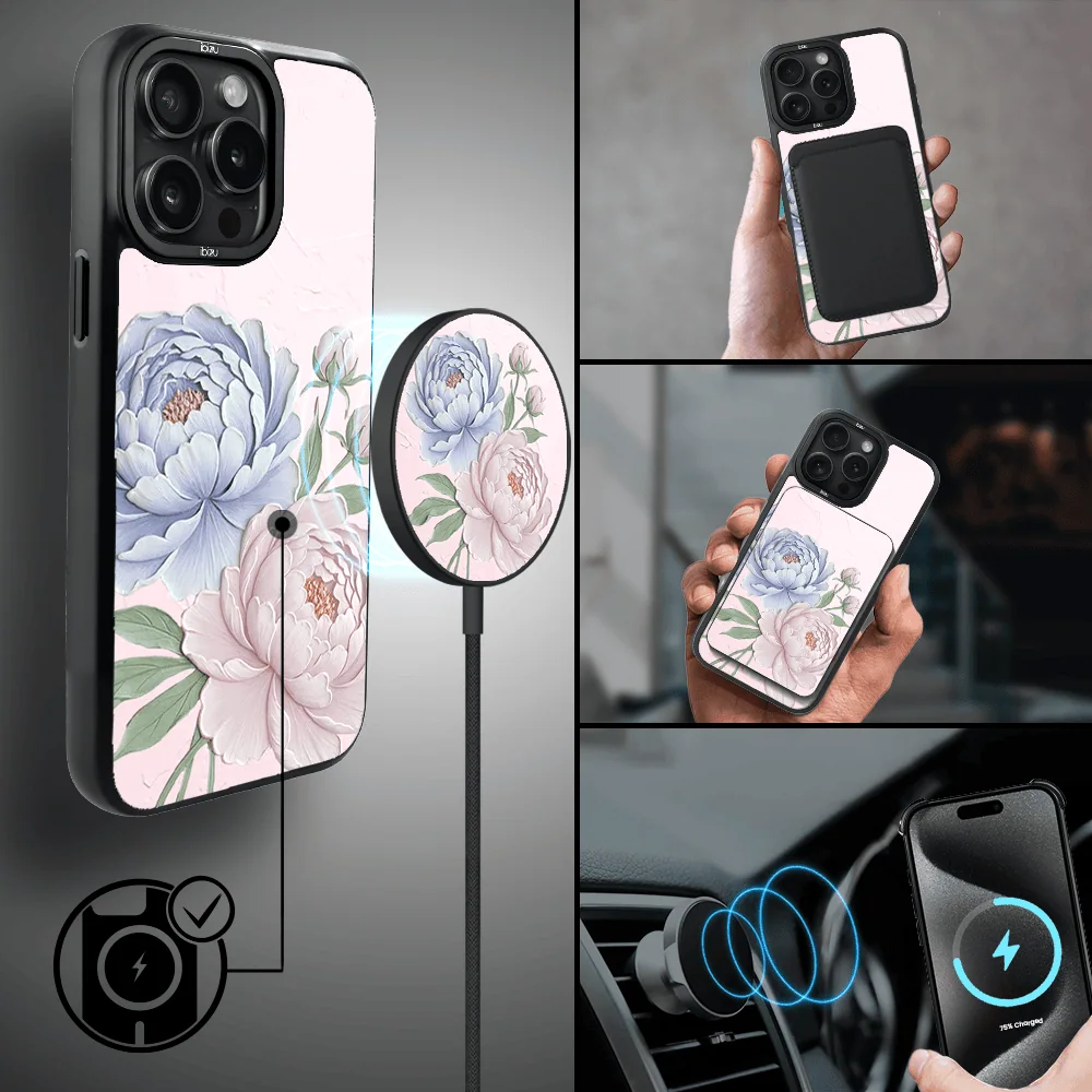 Etui do iPhone 15 Pro Max IBIZU DropGuard Matt z MagSafe, Relief Garden, Piwoniowy róż (1)