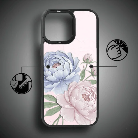 Etui do iPhone 15 Pro Max IBIZU DropGuard Matt z MagSafe, Relief Garden, Piwoniowy róż (3)