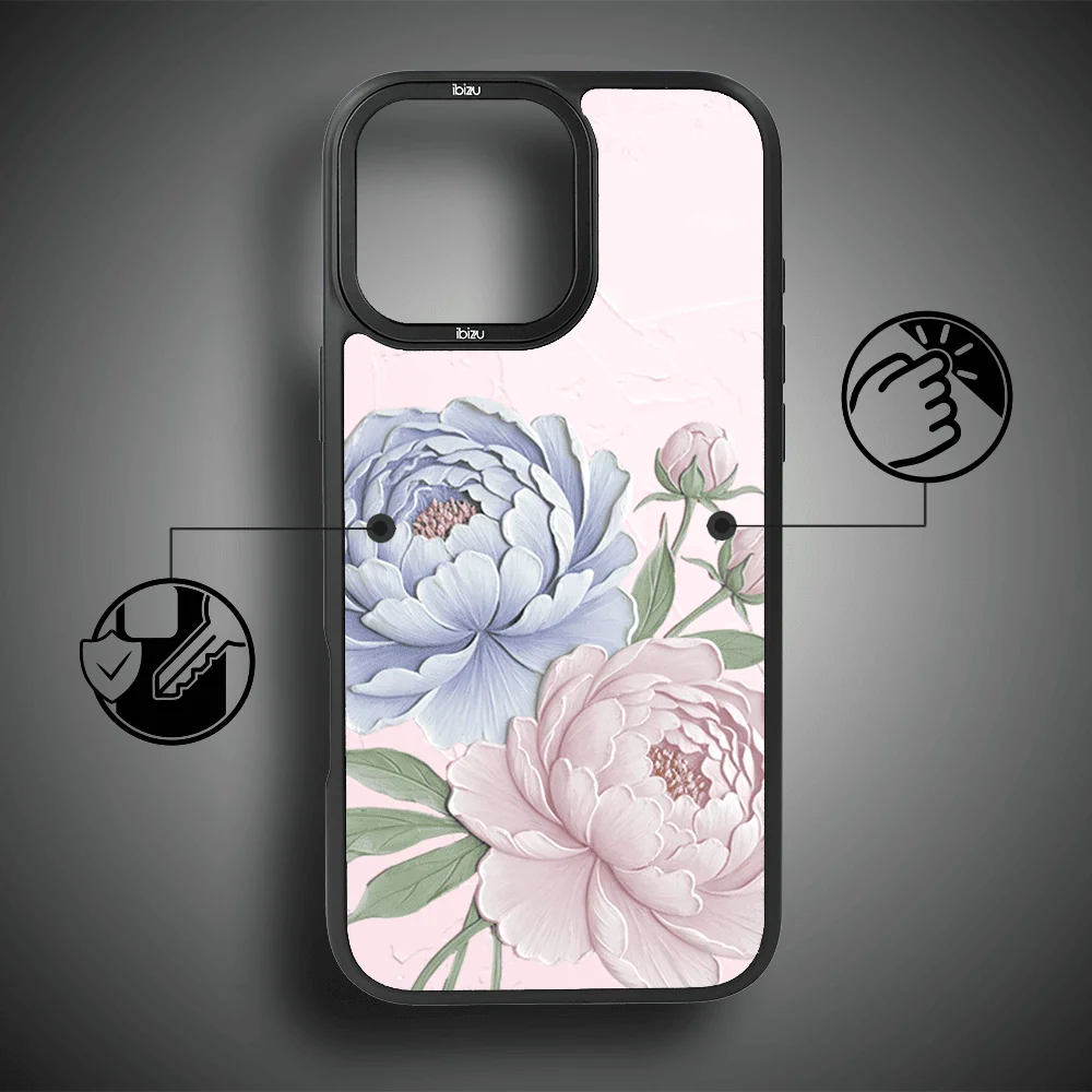 Etui do iPhone 15 Pro Max IBIZU DropGuard Matt z MagSafe, Relief Garden, Piwoniowy róż (3)