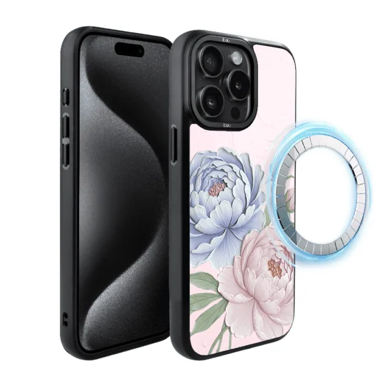 Etui do iPhone 15 Pro Max IBIZU DropGuard Matt z MagSafe, Relief Garden, Piwoniowy róż (4)