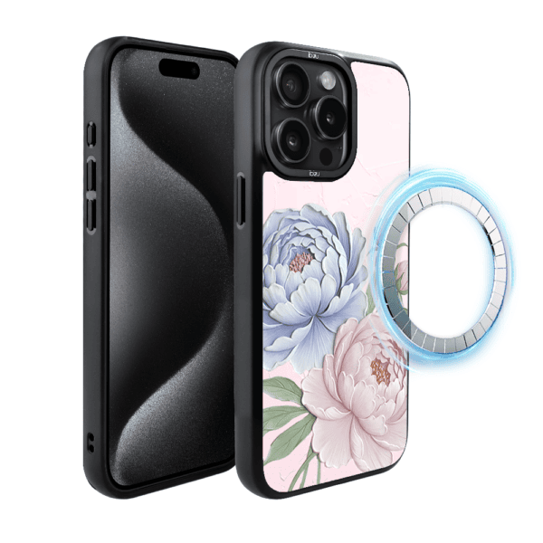 Etui do iPhone 15 Pro Max IBIZU DropGuard Matt z MagSafe, Relief Garden, Piwoniowy róż (4)