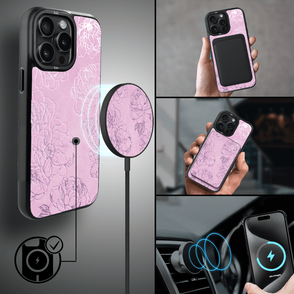 Etui do iPhone 15 Pro Max IBIZU DropGuard Matt z MagSafe, Relief Garden, Różowe piwonie (2)