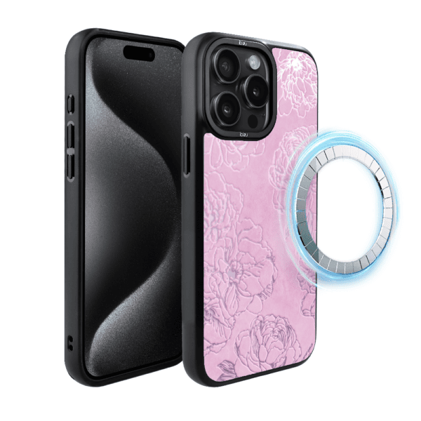 Etui do iPhone 15 Pro Max IBIZU DropGuard Matt z MagSafe, Relief Garden, Różowe piwonie (5)