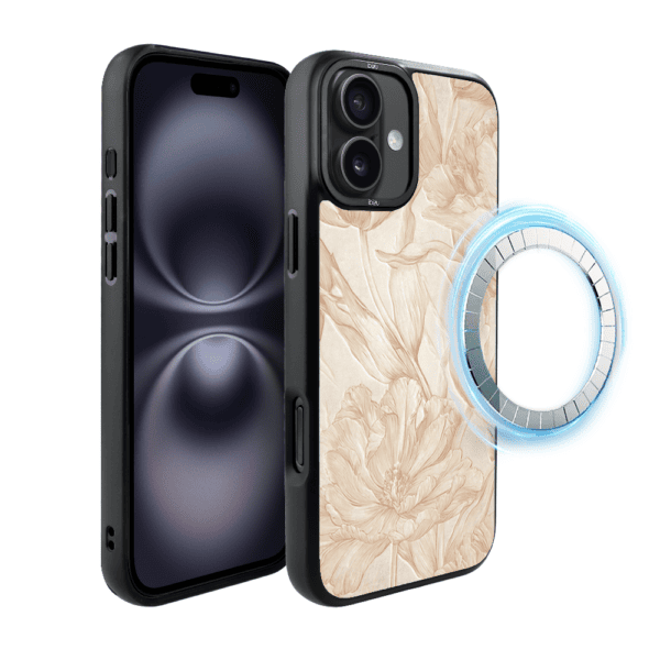 Etui do iPhone 16 IBIZU DropGuard Matt z MagSafe, Relief Garden, Botaniczny biskwit (2)