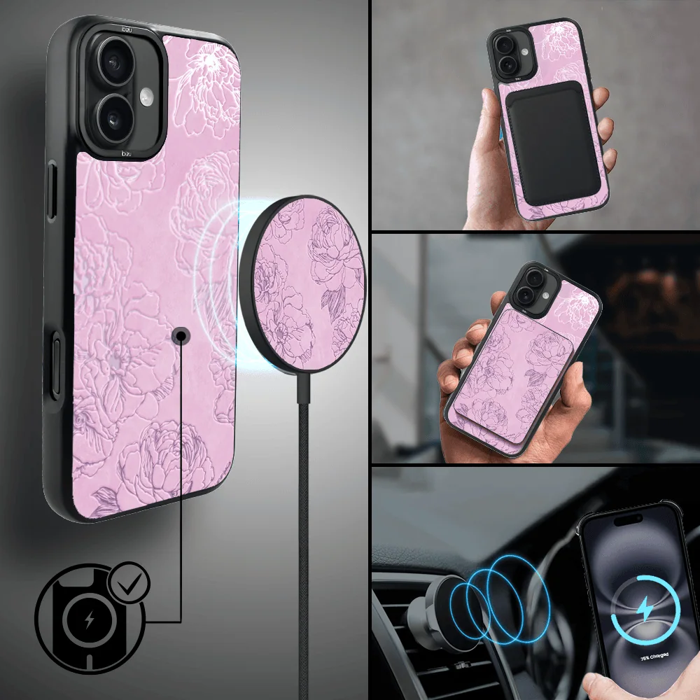 Etui do iPhone 16 IBIZU DropGuard Matt z MagSafe, Relief Garden, Różowe piwonie (2)
