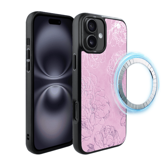 Etui do iPhone 16 IBIZU DropGuard Matt z MagSafe, Relief Garden, Różowe piwonie (5)