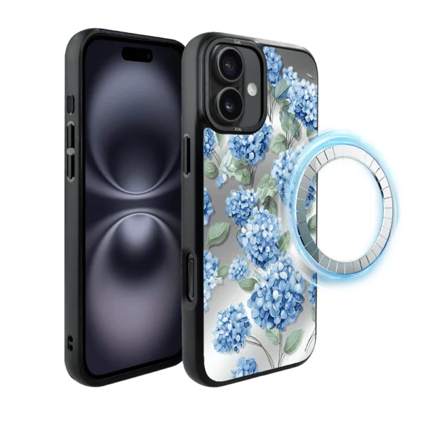 Etui do iPhone 16 IBIZU DropGuard Matt z MagSafe, Relief Garden, Szafirowa Hortensja (2)
