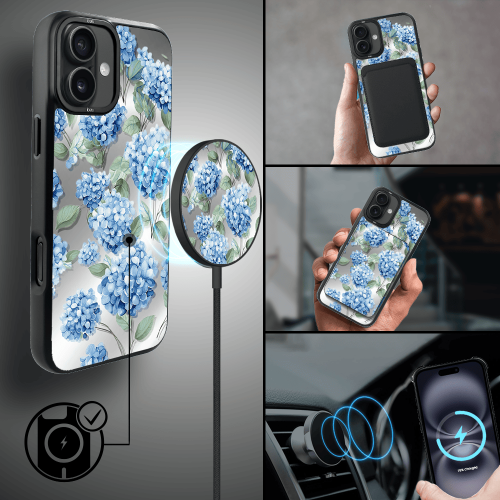 Etui do iPhone 16 IBIZU DropGuard Matt z MagSafe, Relief Garden, Szafirowa Hortensja (7)