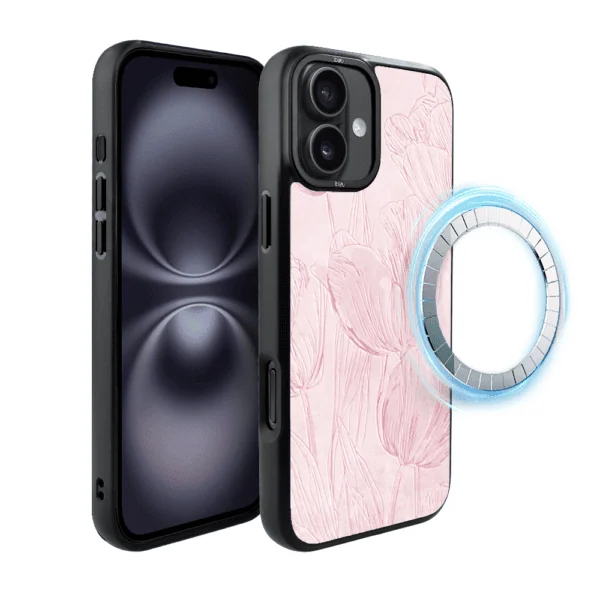 Etui do iPhone 16 IBIZU DropGuard Matt z MagSafe, Relief Garden, Tulipanowy fresk1