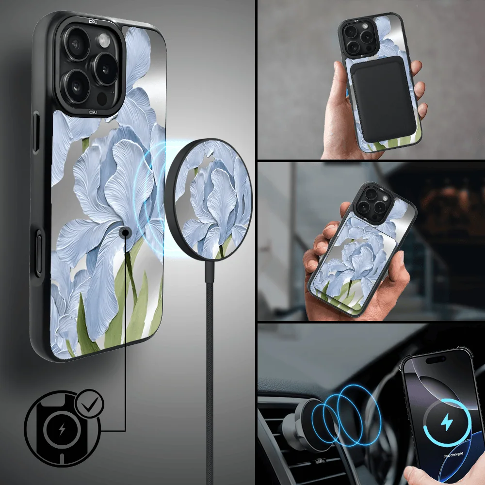 Etui do iPhone 16 Pro IBIZU DropGuard Matt z MagSafe, Relief Garden, Błękitny Irys (5)