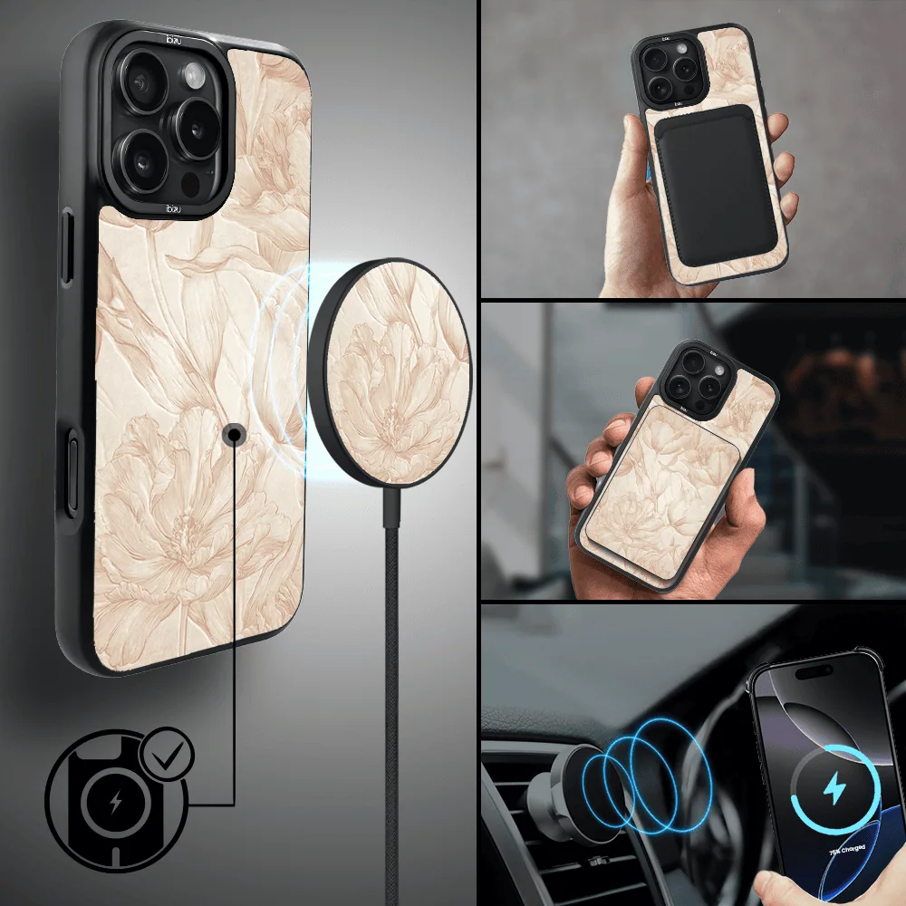 Etui do iPhone 16 Pro IBIZU DropGuard Matt z MagSafe, Relief Garden, Botaniczny biskwit (7)