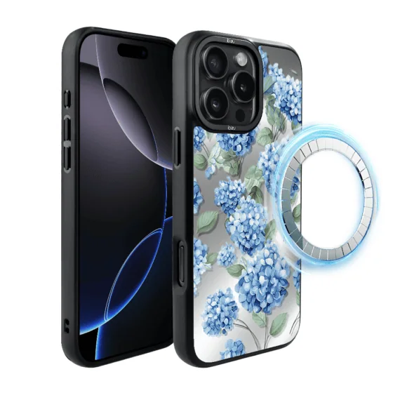 Etui do iPhone 16 Pro IBIZU DropGuard Matt z MagSafe, Relief Garden, Szafirowa Hortensja (1)