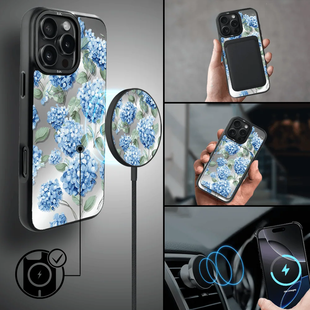 Etui do iPhone 16 Pro IBIZU DropGuard Matt z MagSafe, Relief Garden, Szafirowa Hortensja (6)