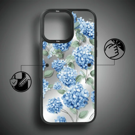 Etui do iPhone 16 Pro IBIZU DropGuard Matt z MagSafe, Relief Garden, Szafirowa Hortensja (8)