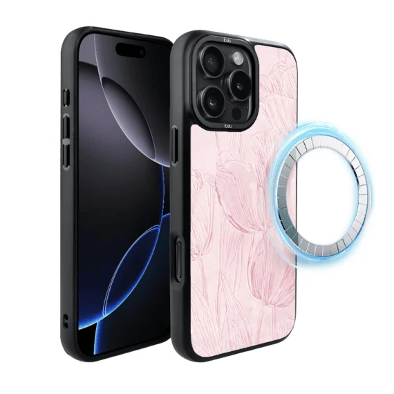 Etui do iPhone 16 Pro IBIZU DropGuard Matt z MagSafe, Relief Garden, Tulipanowy fresk1