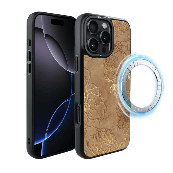 Etui do iPhone 16 Pro IBIZU DropGuard Matt z MagSafe, Relief Garden, Złote piwonie (1)