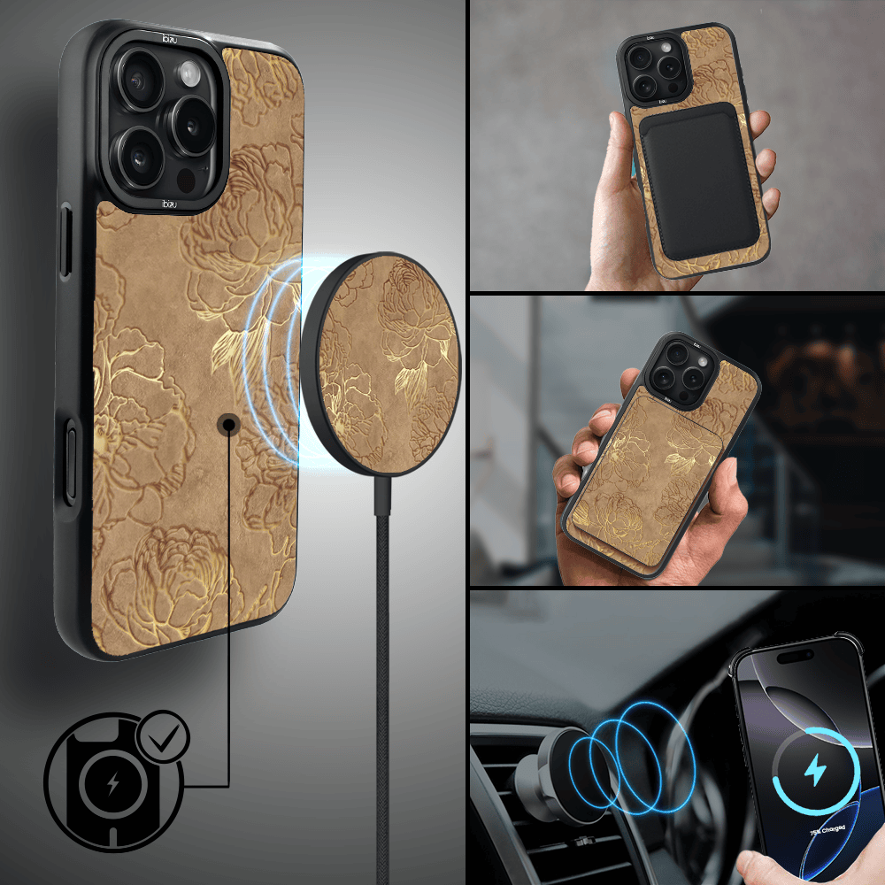 Etui do iPhone 16 Pro IBIZU DropGuard Matt z MagSafe, Relief Garden, Złote piwonie (6)
