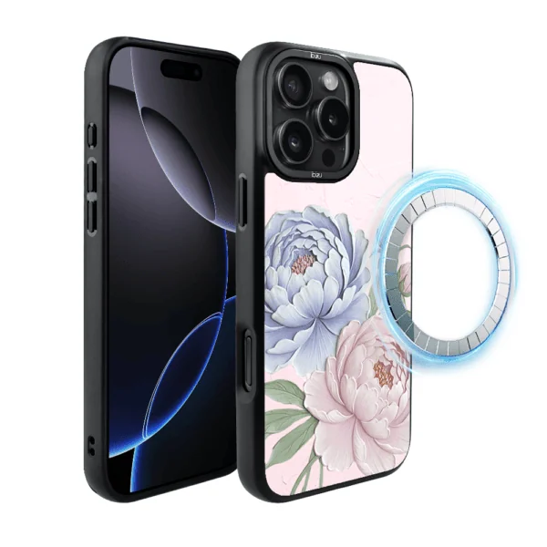 Etui do iPhone 16 Pro Max IBIZU DropGuard Matt z MagSafe, Relief Garden, Piwoniowy róż (5)