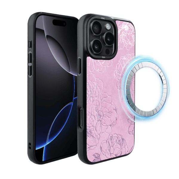 Etui do iPhone 16 Pro Max IBIZU DropGuard Matt z MagSafe, Relief Garden, Różowe piwonie (5)
