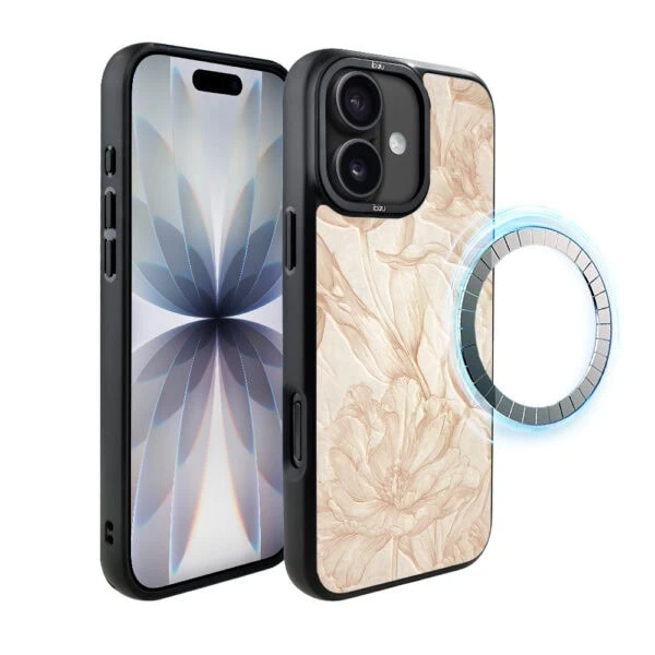 Etui do iPhone 17 IBIZU DropGuard Matt z MagSafe, Relief Garden, Botaniczny biskwit (3)