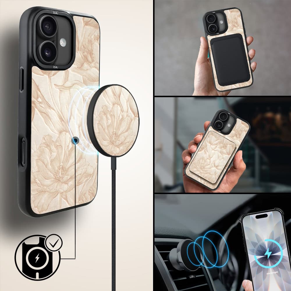 Etui do iPhone 17 IBIZU DropGuard Matt z MagSafe, Relief Garden, Botaniczny biskwit (5)