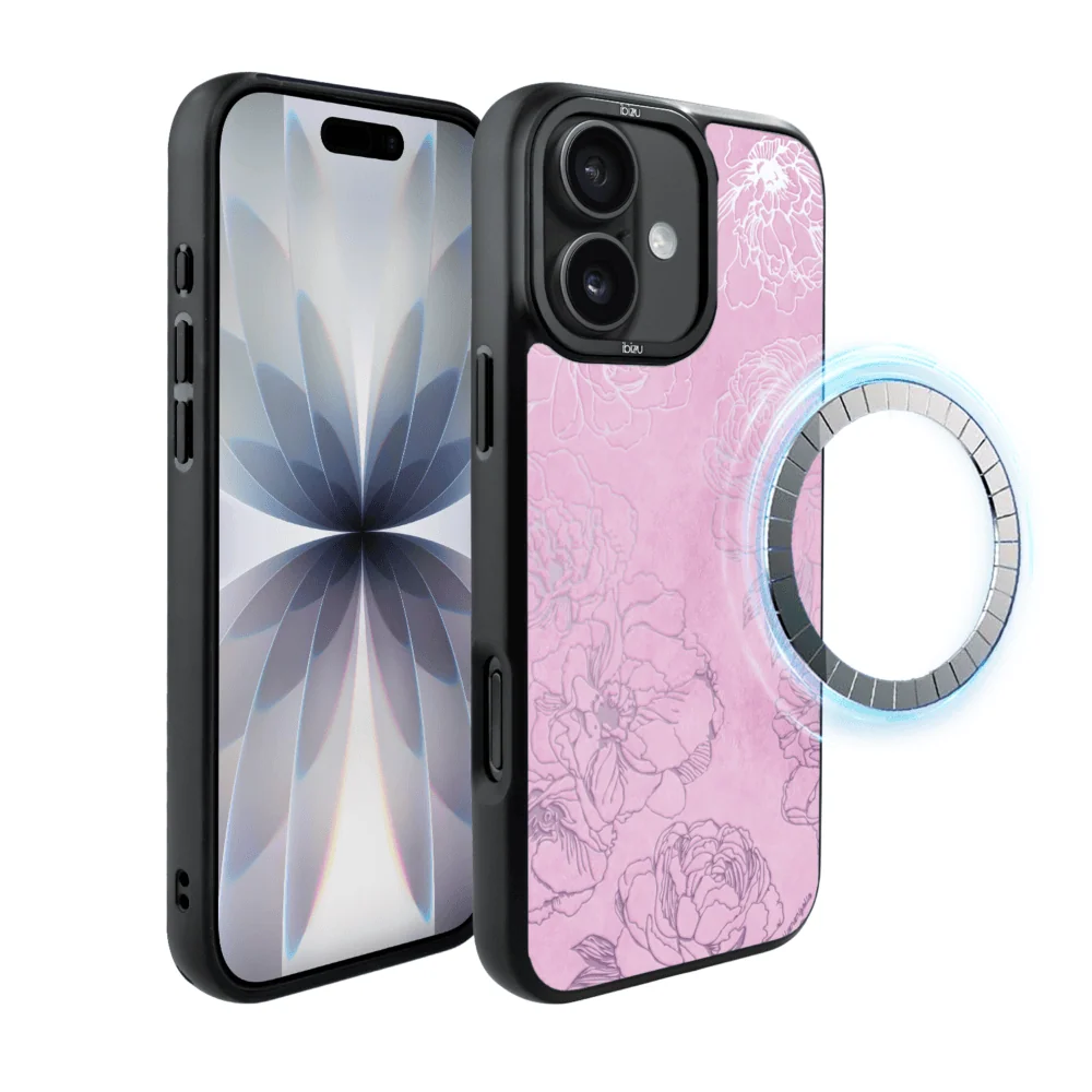 Etui do iPhone 17 IBIZU DropGuard Matt z MagSafe, Relief Garden, Różowe piwonie (2)