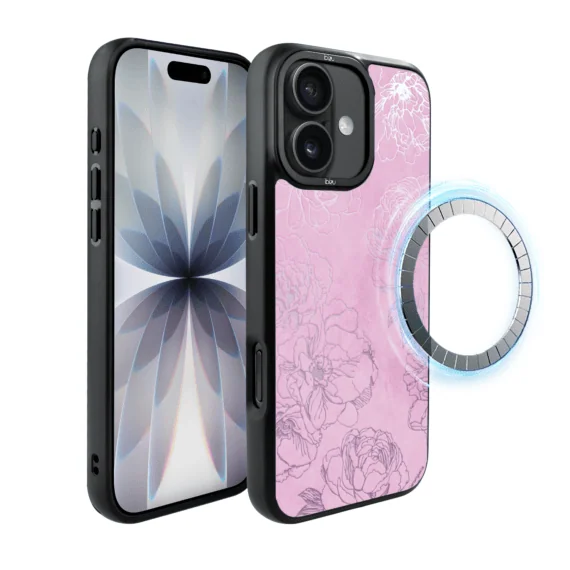 Etui do iPhone 17 IBIZU DropGuard Matt z MagSafe, Relief Garden, Różowe piwonie (2)