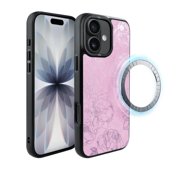 Etui do iPhone 17 IBIZU DropGuard Matt z MagSafe, Relief Garden, Różowe piwonie (2)
