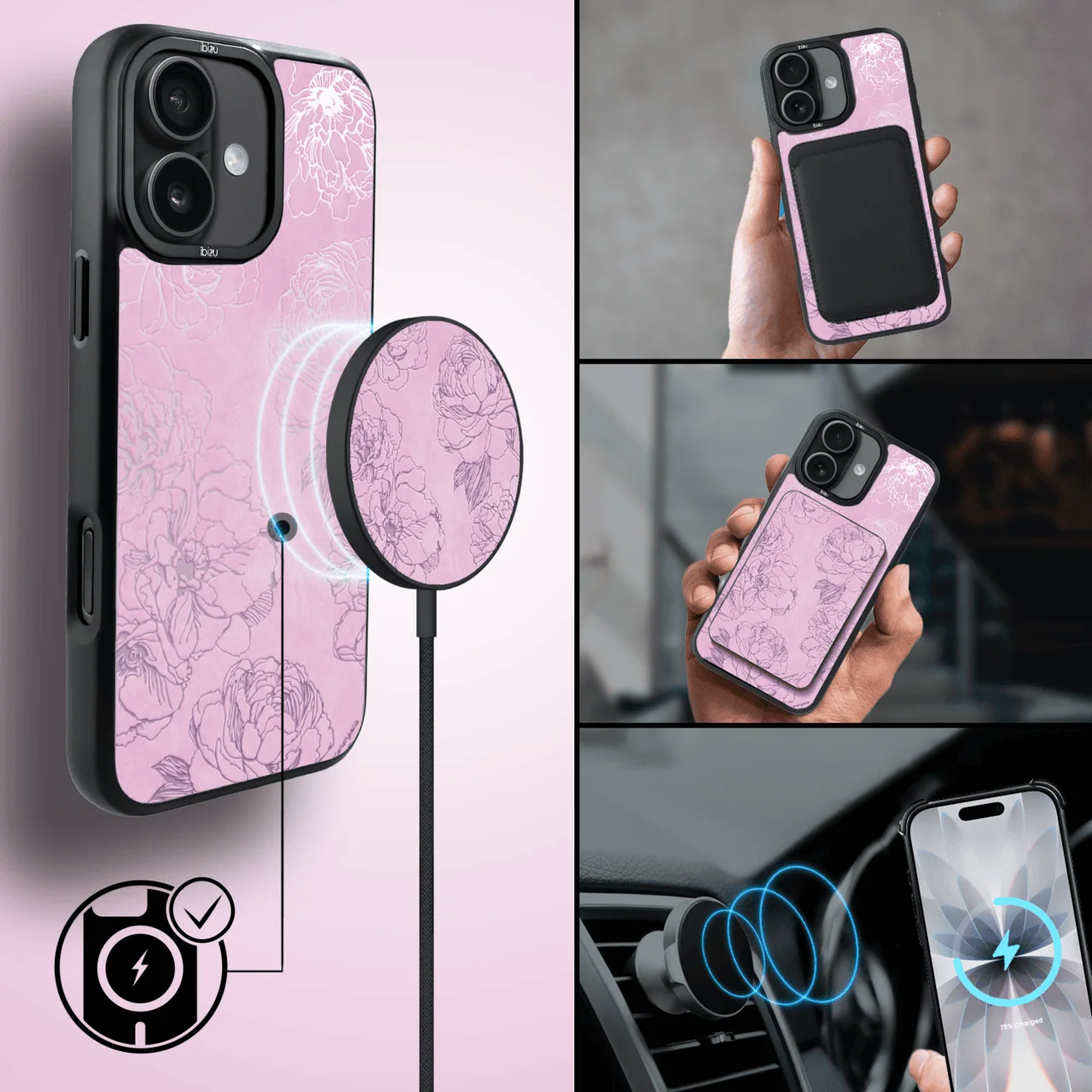 Etui do iPhone 17 IBIZU DropGuard Matt z MagSafe, Relief Garden, Różowe piwonie (8)