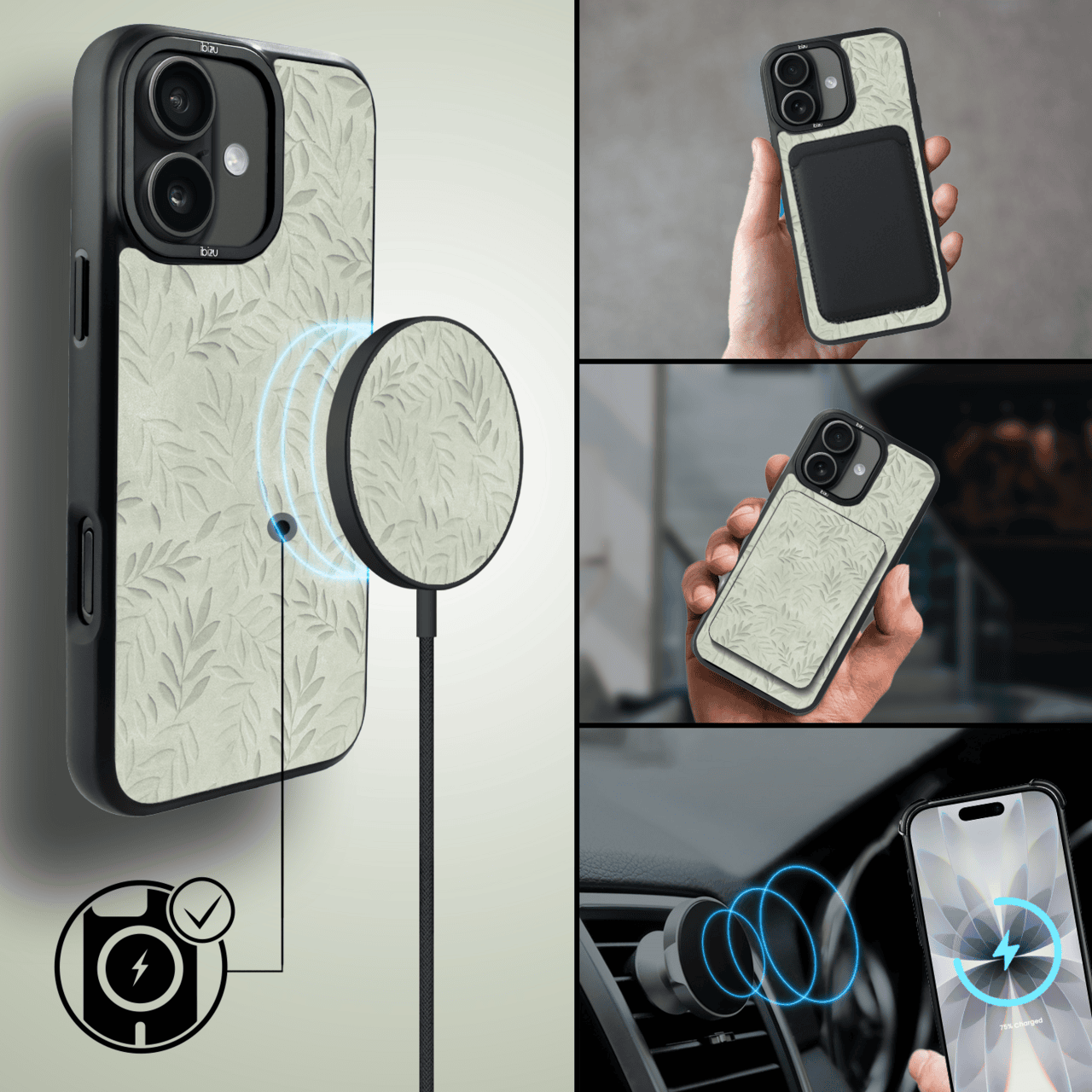 Etui do iPhone 17 IBIZU DropGuard Matt z MagSafe, Relief Garden, Ślad oliwki (3)