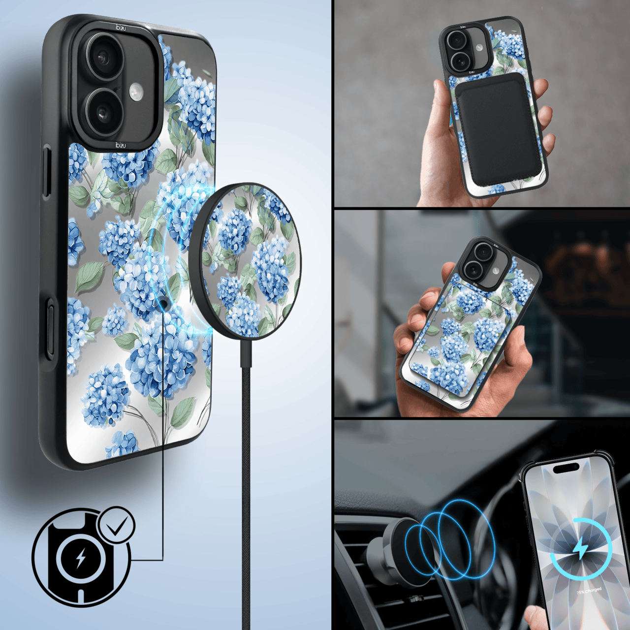 Etui do iPhone 17 IBIZU DropGuard Matt z MagSafe, Relief Garden, Szafirowa Hortensja (3)