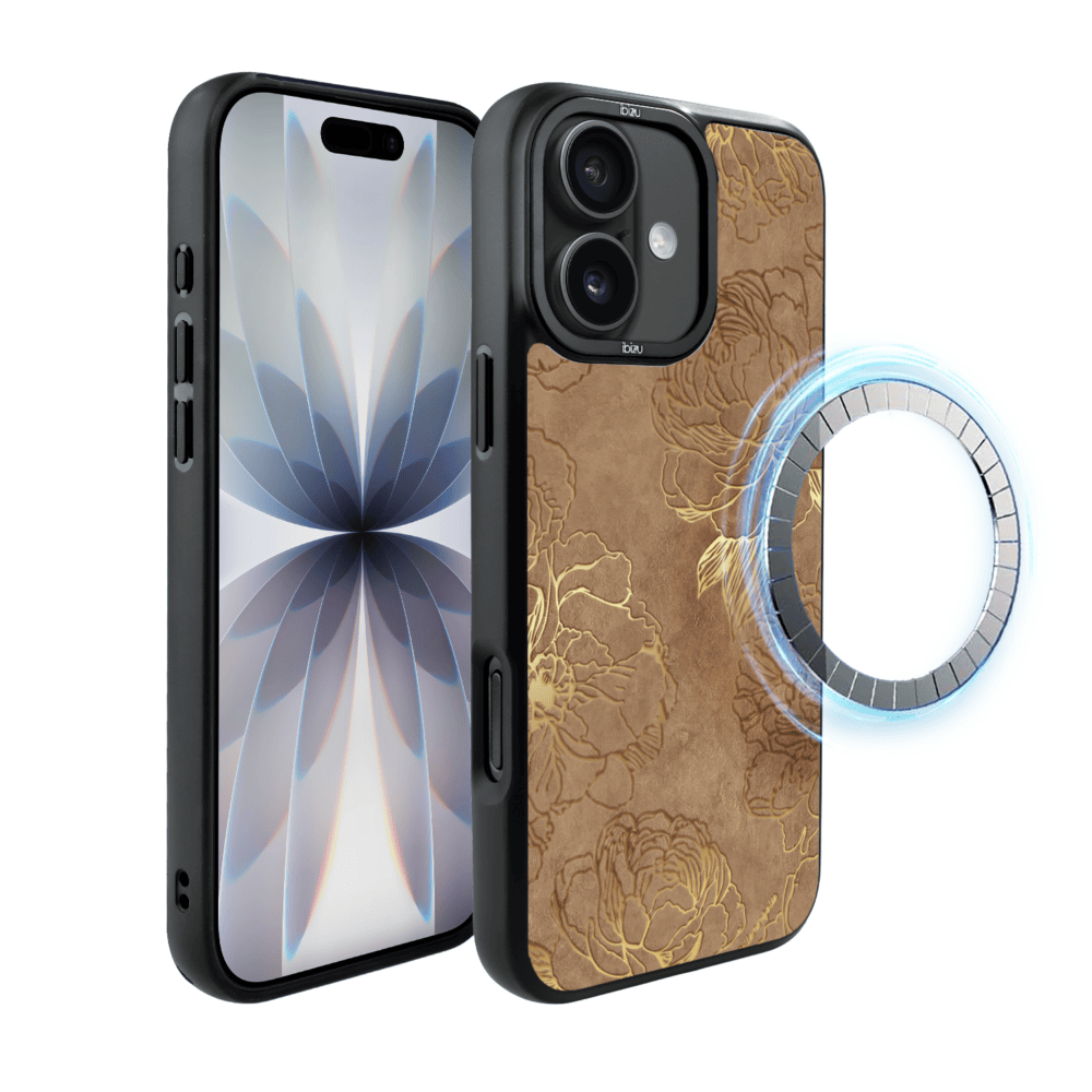 Etui do iPhone 17 IBIZU DropGuard Matt z MagSafe, Relief Garden, Złote piwonie (6)