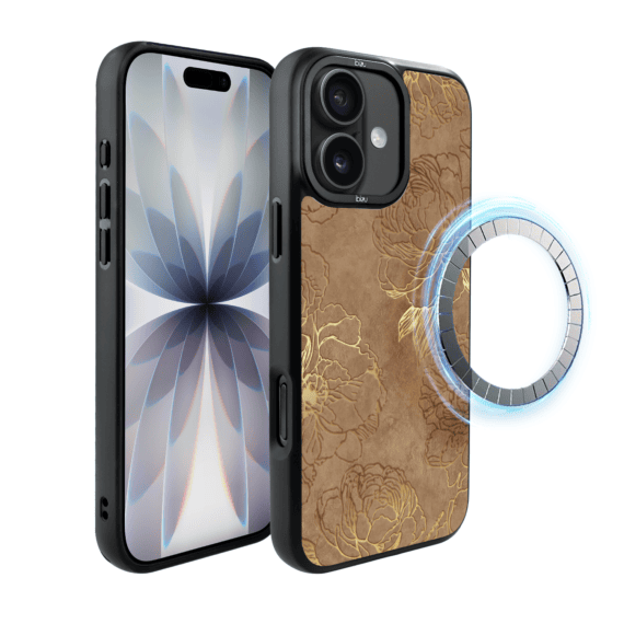 Etui do iPhone 17 IBIZU DropGuard Matt z MagSafe, Relief Garden, Złote piwonie (6)