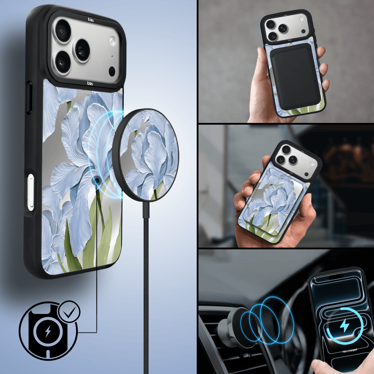 Etui do iPhone 17 Pro IBIZU DropGuard Matt z MagSafe, Relief Garden, Błękitny Irys (4)