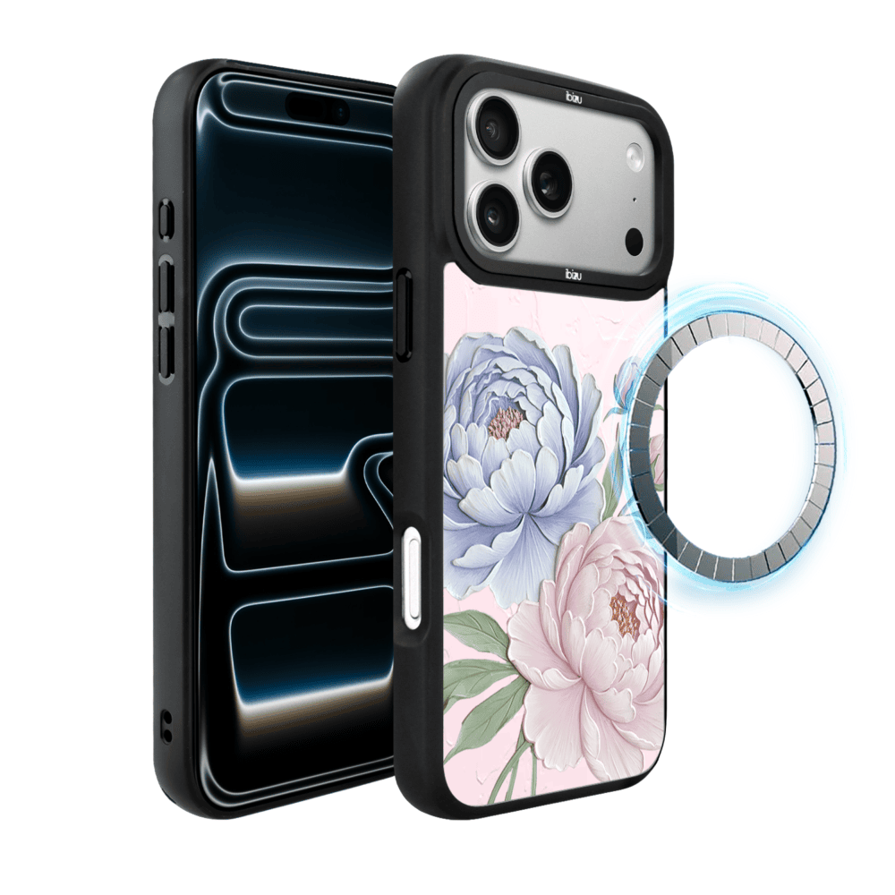 Etui do iPhone 17 Pro IBIZU DropGuard Matt z MagSafe, Relief Garden, Piwoniowy róż (2)