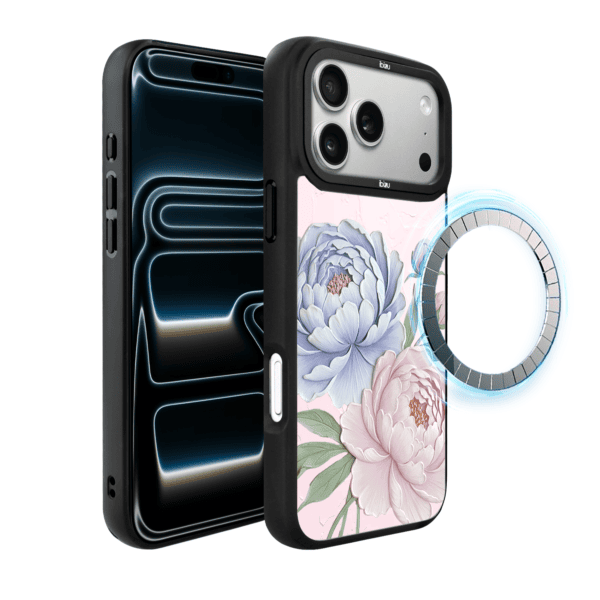 Etui do iPhone 17 Pro IBIZU DropGuard Matt z MagSafe, Relief Garden, Piwoniowy róż (2)