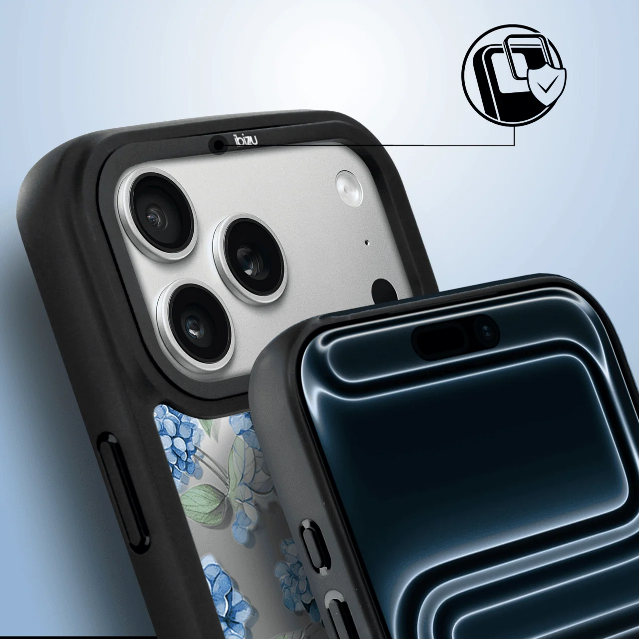 Etui do iPhone 17 Pro IBIZU DropGuard Matt z MagSafe, Relief Garden, Szafirowa Hortensja (1)