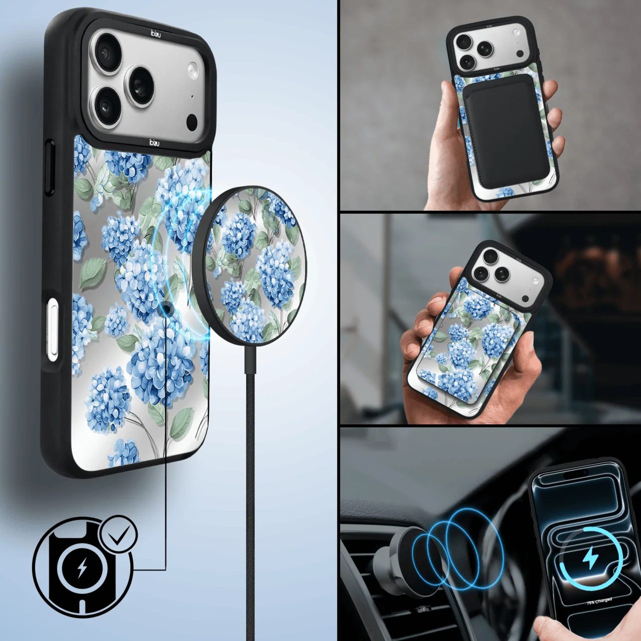Etui do iPhone 17 Pro IBIZU DropGuard Matt z MagSafe, Relief Garden, Szafirowa Hortensja (3)