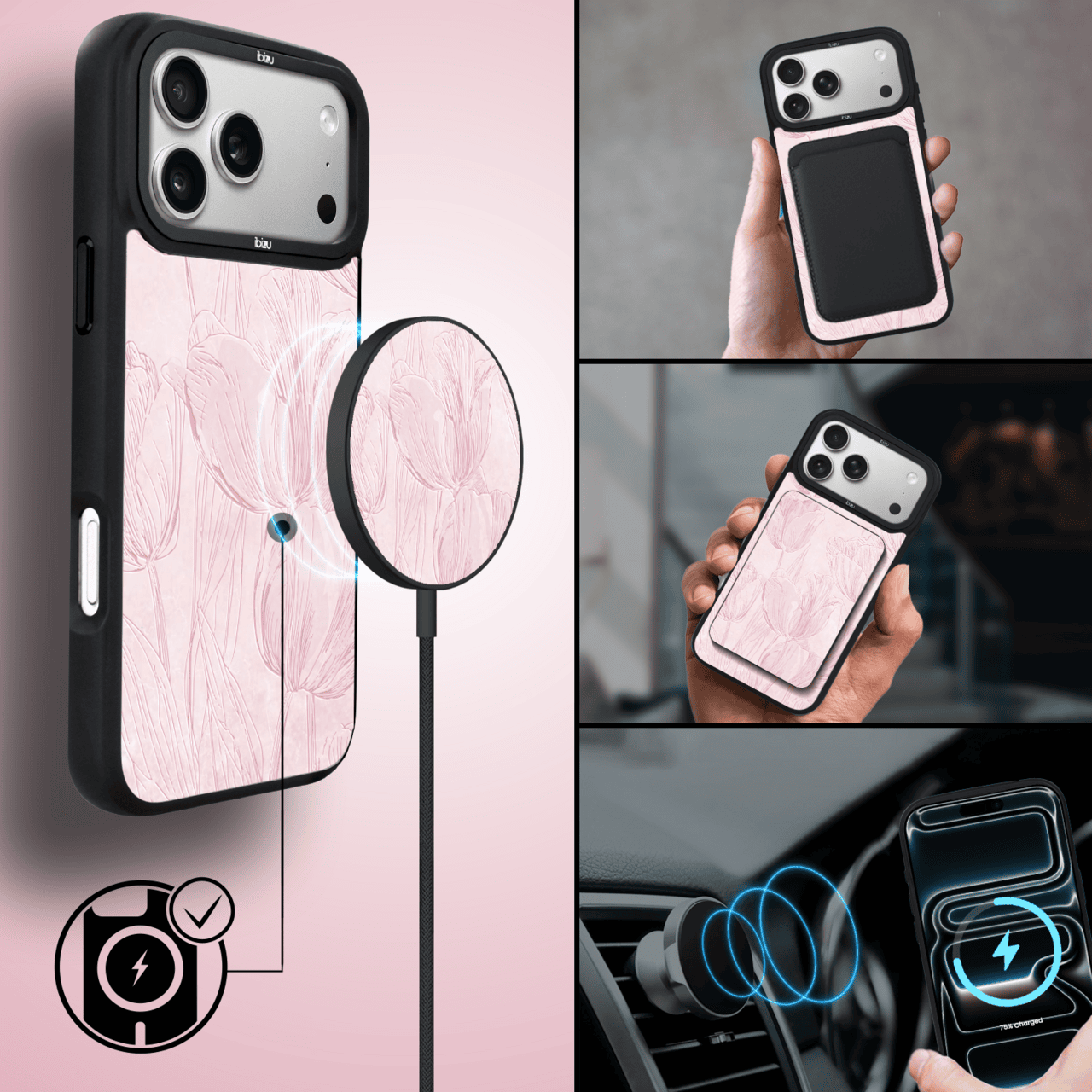Etui do iPhone 17 Pro IBIZU DropGuard Matt z MagSafe, Relief Garden, Tulipanowy fresk4