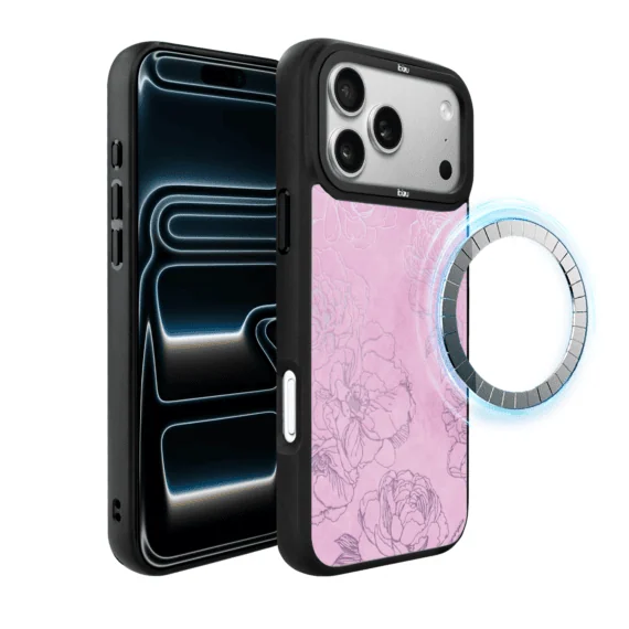 Etui do iPhone 17 Pro Max IBIZU DropGuard Matt z MagSafe, Relief Garden, Różowe piwonie (2)