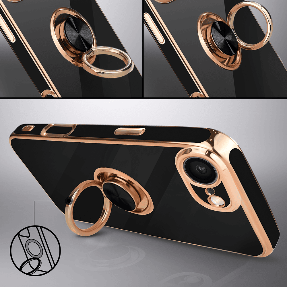 Etui do iPhone 17e eleganckie, ze złotym, metalowym uchwytem i zdobieniami, osłona na aparat, czarne, nowe (