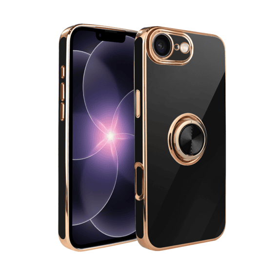 Etui do iPhone 17e eleganckie, ze złotym, metalowym uchwytem i zdobieniami, osłona na aparat, czarne, nowe ( (3)